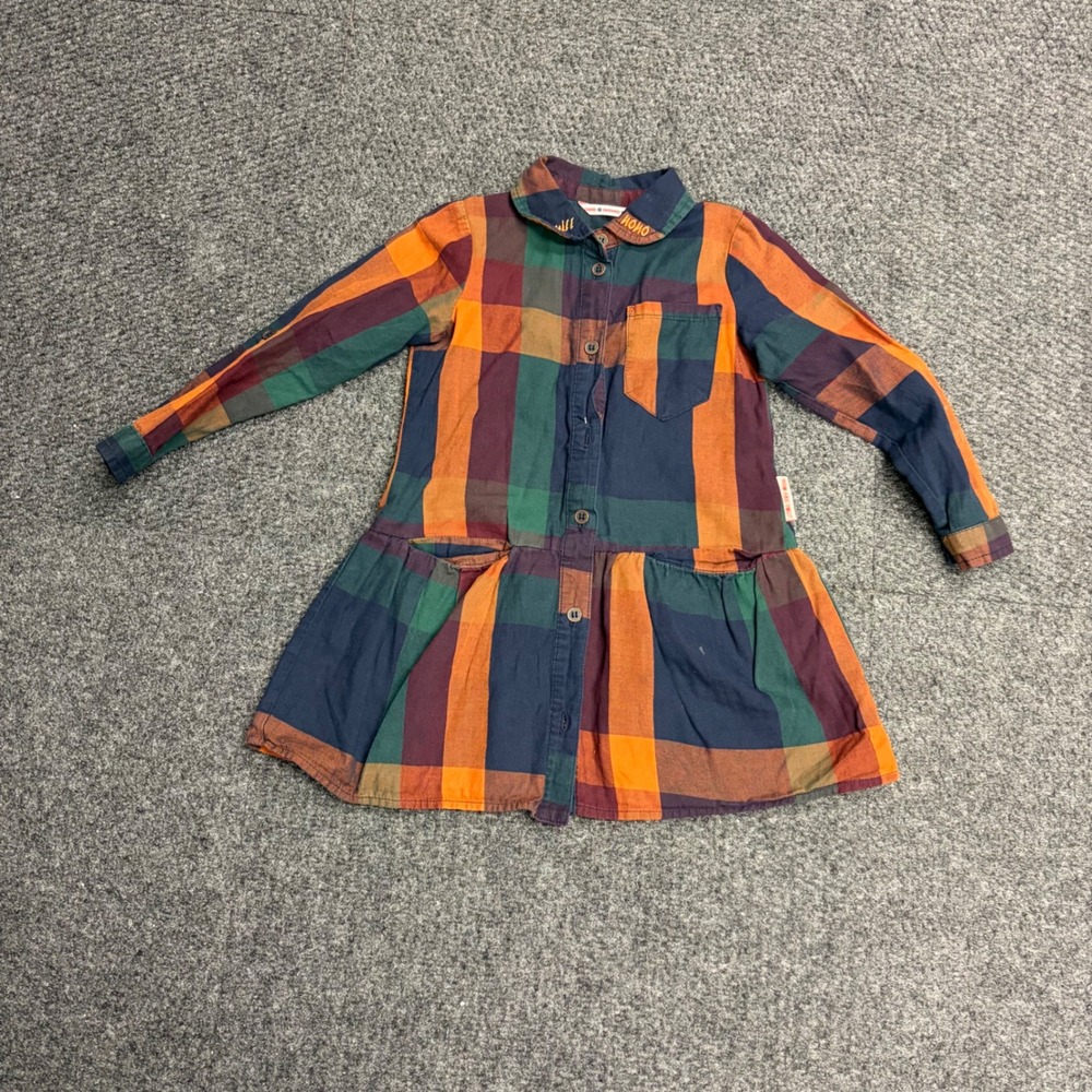 NONO Girls Plaid Button Front Long Sleeve Dress Orange Green Multi Size 4 104